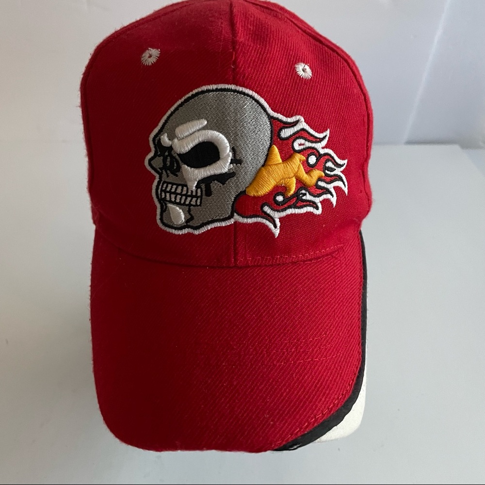 Skull and Flames Baseball Cap Hat Red Cotton Adjustable Hook And Loop Strap